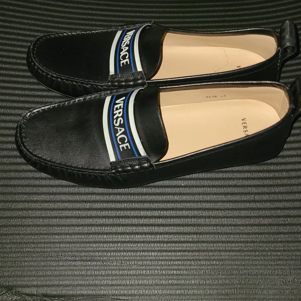 Versace Black and Blue Leather Slip-On Loafers - Picture 2 of 6